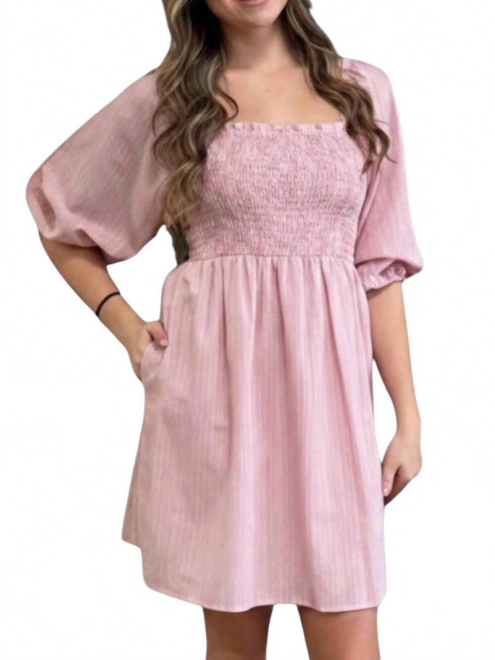 NEW BIBI square-neck smocked stripe dress in pink